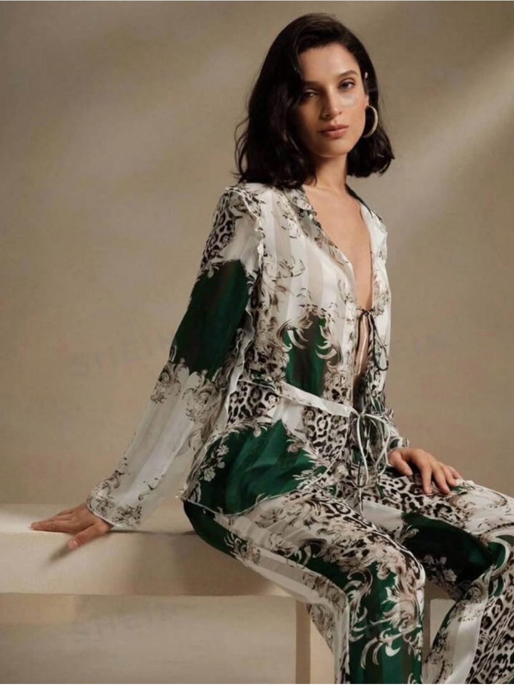 SHEIN Green & White Printed beach cover up Set
